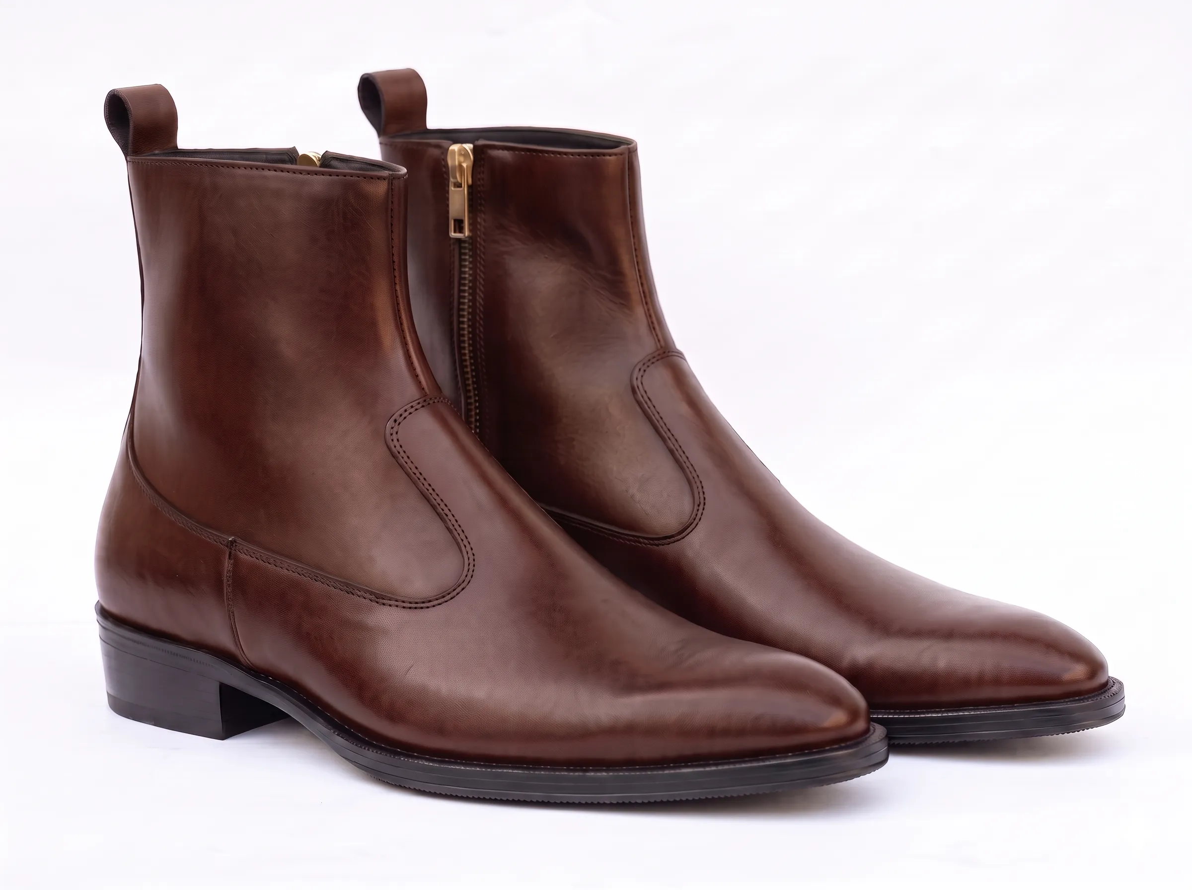 Men's Sleek Leather Side-Zip Dress Ankle Boots | Formal Almond-Toe Boots